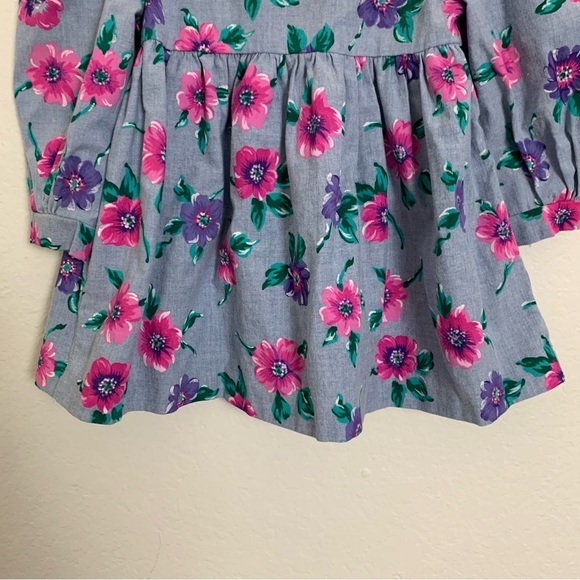 Vintage Toddler Girl Floral Polka Dot Dress 3T Big Collar Chambray 80s Cute Pink - Picture 14 of 14